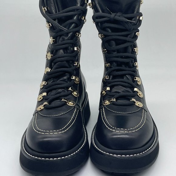 CHANEL 21K Leather Knit CC Logo Lace Up Combat Ankle Bootie Boots Shoes $1900 - Picture 5 of 16